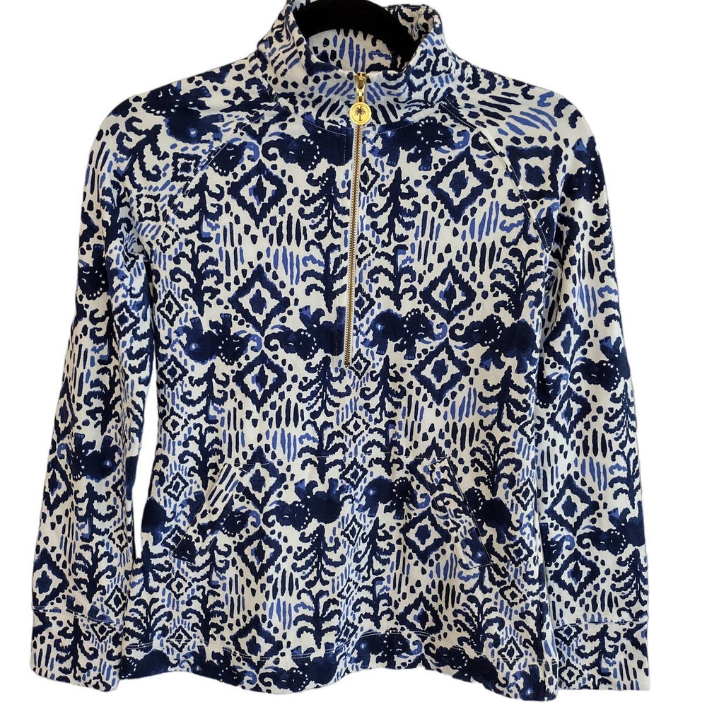 Lilly Pulitzer | Blue & White Ikat Elephant-Print Skipper Pop-Over 1/4 Zip Top